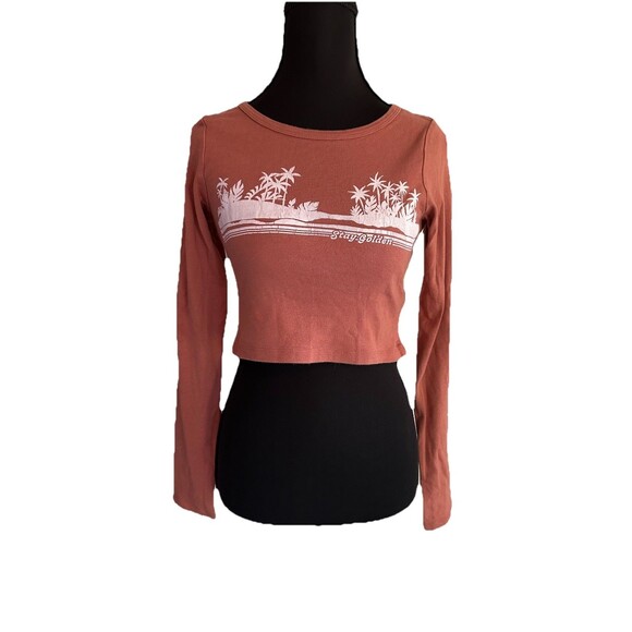 Billabong Woman's Brown Long Sleeve Crop Top Stay Golden YTK surfer Size Medium - Picture 1 of 5